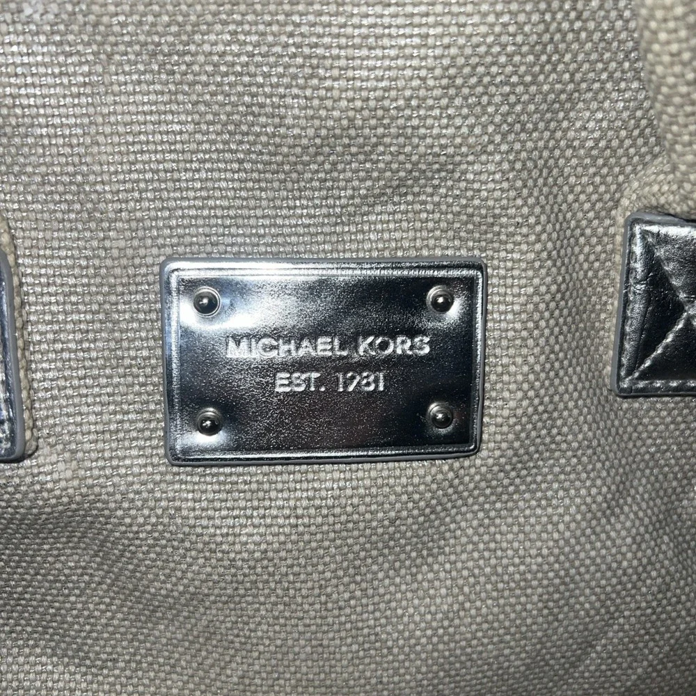 MICHAEL‎ KORS Tote Beige Canvas Silver Shimmer Satchel Bag Purse